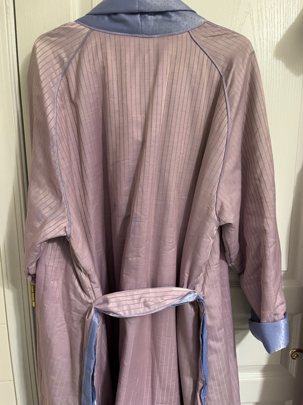 Silk-Blend Lavender Pinstripe Robe with Blue Trim